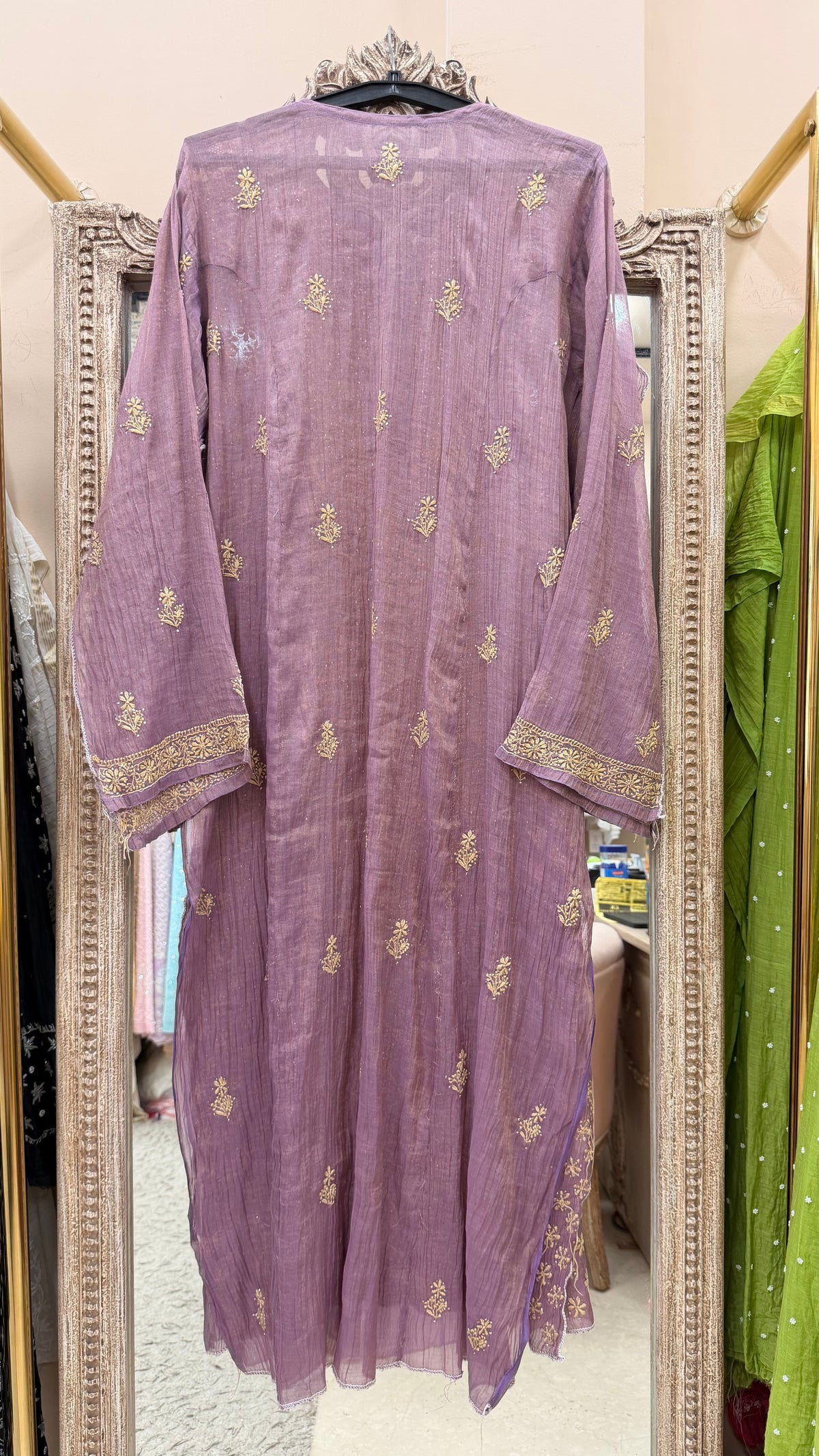 Tissue Semistihed Straight Chikan Jali Work Shirt And Dupatta Purple