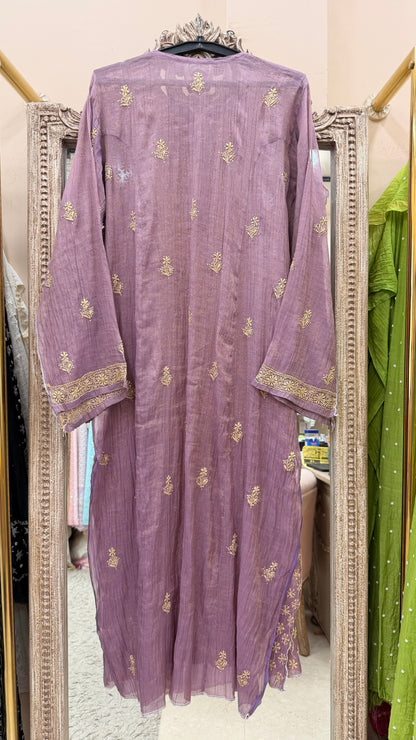 Tissue Semistihed Straight Chikan Jali Work Shirt And Dupatta Purple
