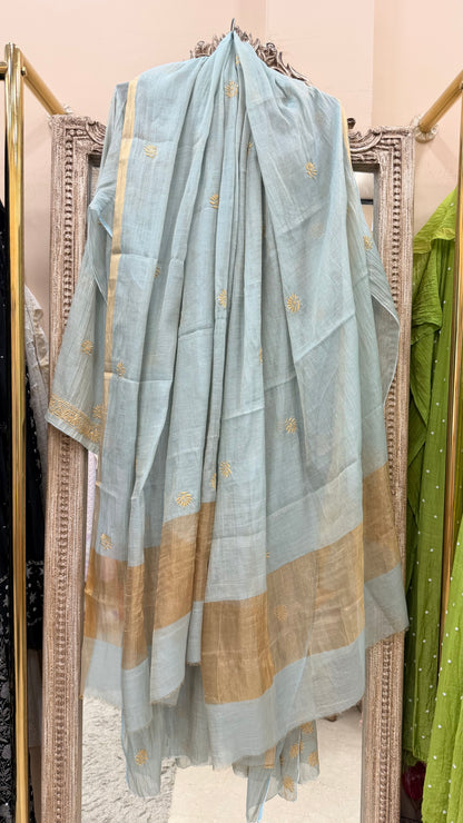 Tissue Semistihed Straight Chikan Jali Work Shirt And Dupatta Blue