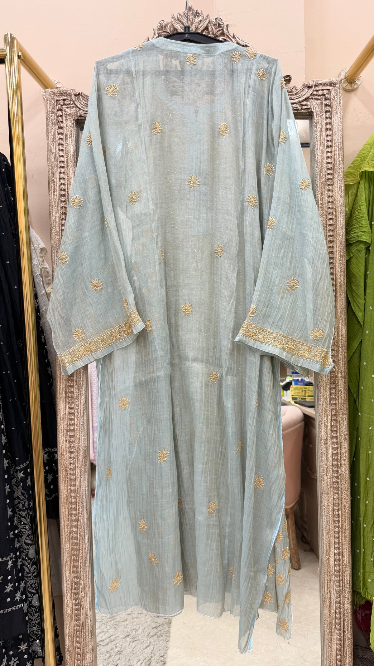 Tissue Semistihed Straight Chikan Jali Work Shirt And Dupatta Blue