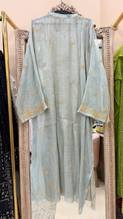 Tissue Semistihed Straight Chikan Jali Work Shirt And Dupatta Blue