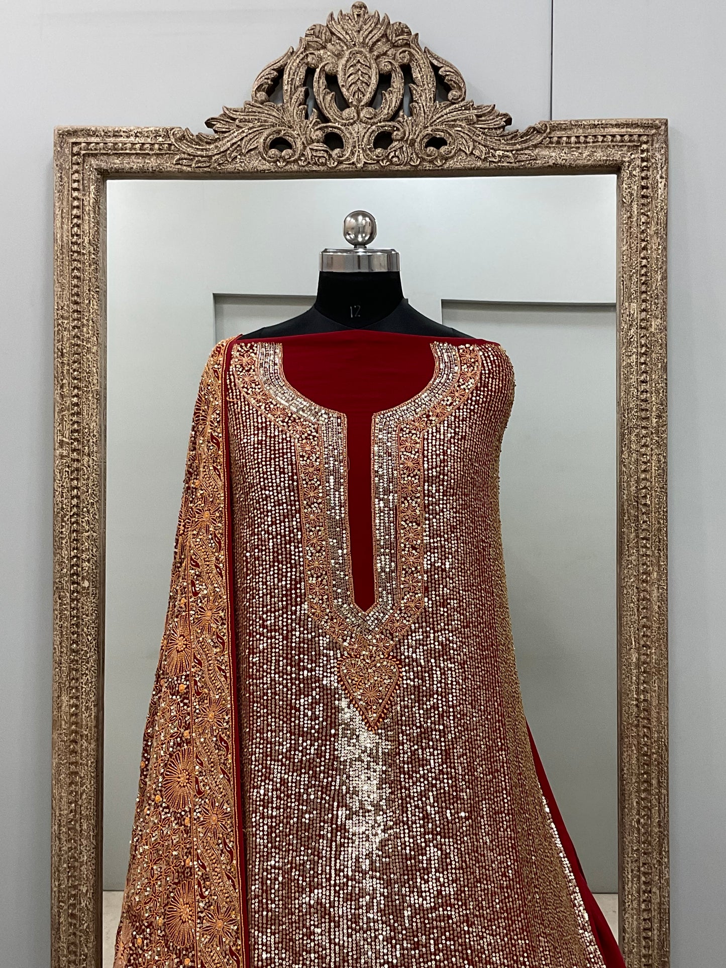 Superfine Pure Georgette Heavy Pearl Cutdana and Sequence Designer Red