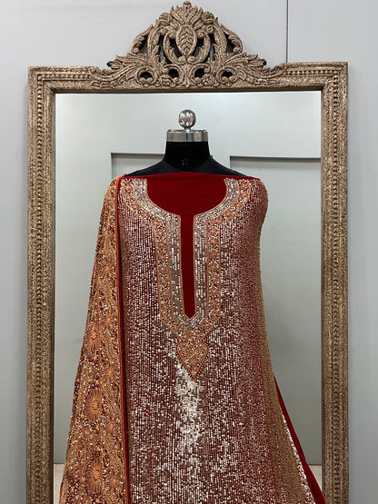 Superfine Pure Georgette Heavy Pearl Cutdana and Sequence Designer Red
