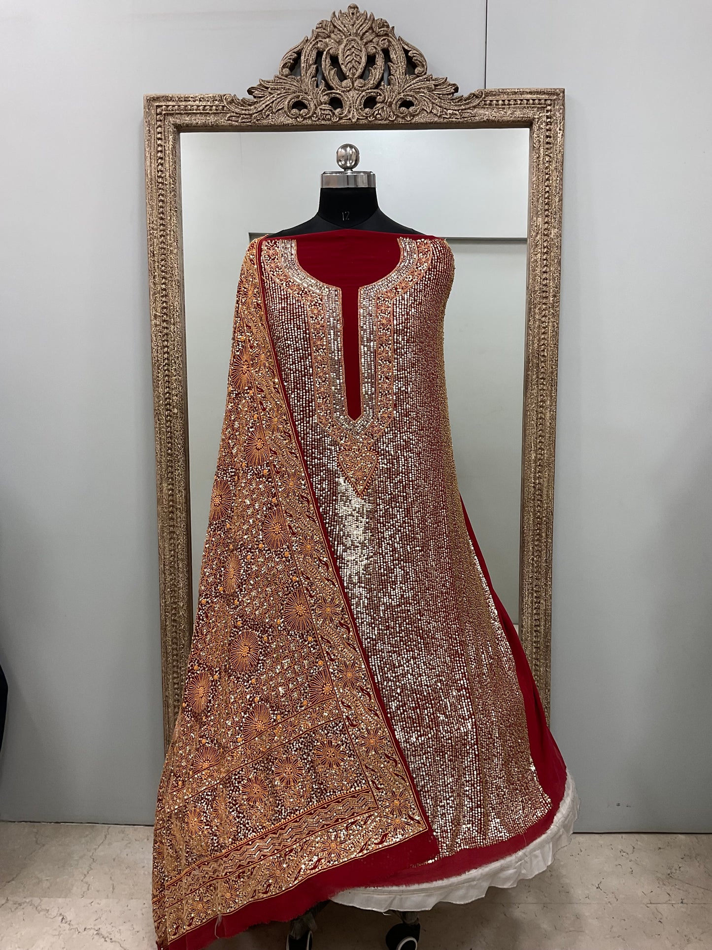 Superfine Pure Georgette Heavy Pearl Cutdana and Sequence Designer Red