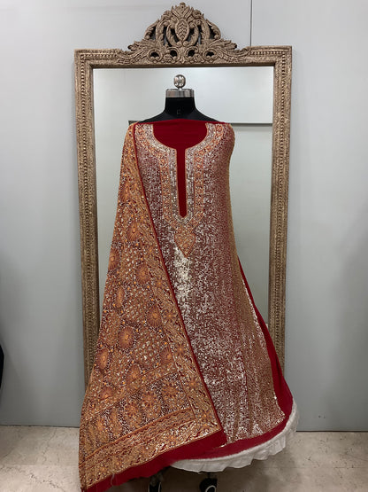 Superfine Pure Georgette Heavy Pearl Cutdana and Sequence Designer Red