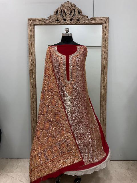 Superfine Pure Georgette Heavy Pearl Cutdana and Sequence Designer Red