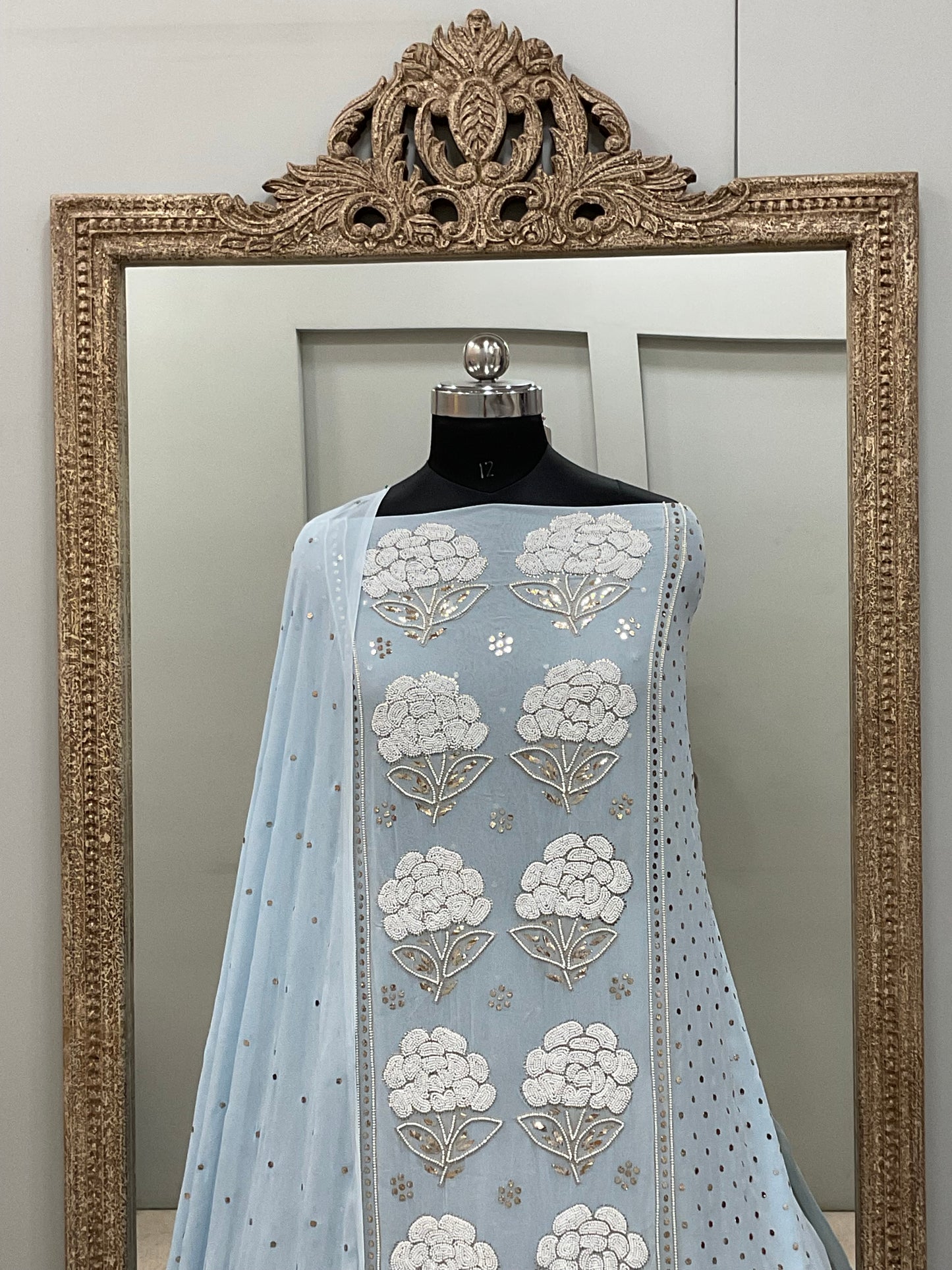 Badla Mukaish and Heavy Pearl Work Shirt and Dupatta Blue