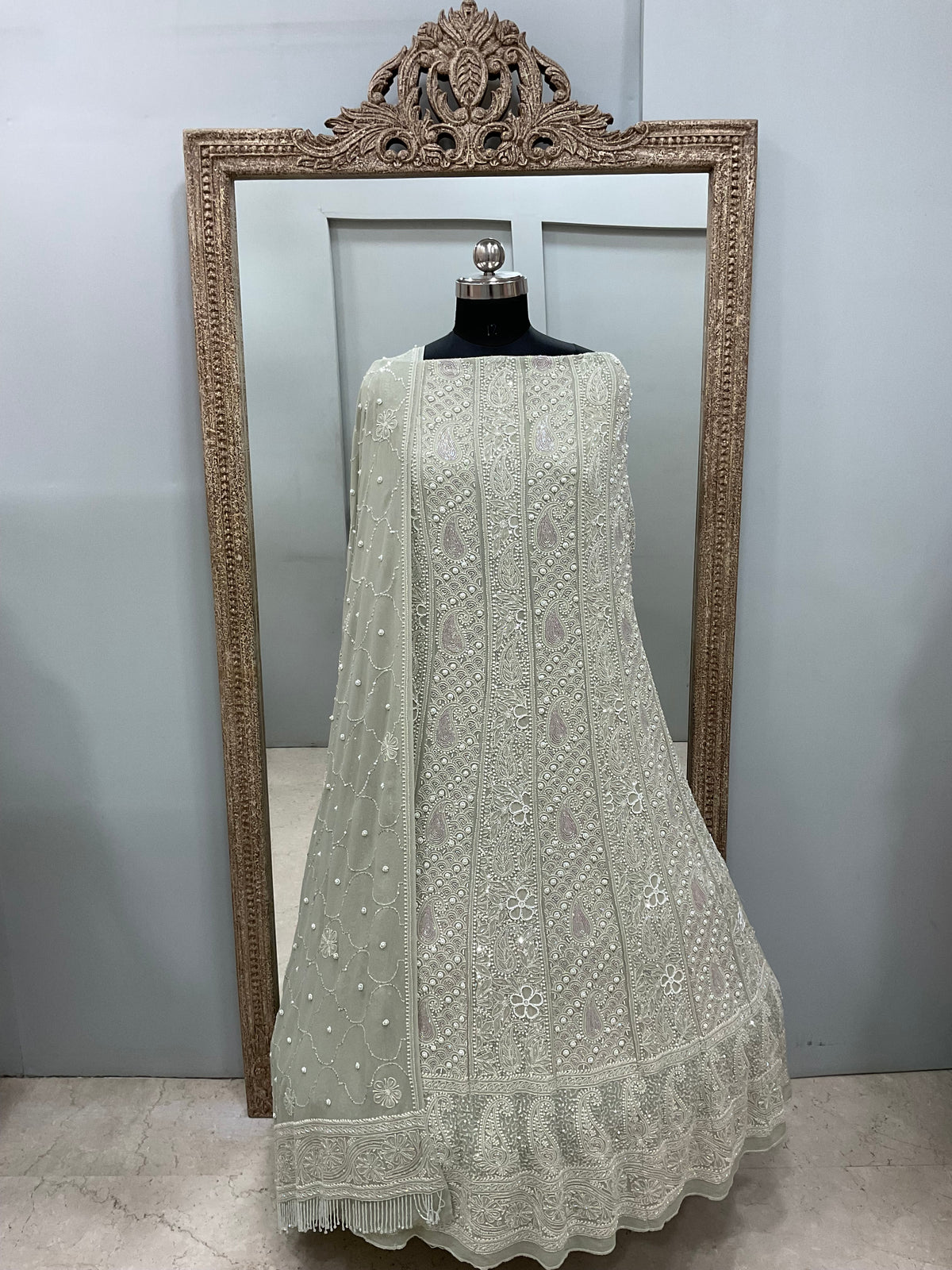 Pure Georgette Anarkali Heavy Pearl, Cutdana and Sequence Green