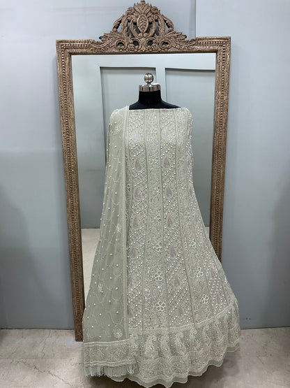 Pure Georgette Anarkali Heavy Pearl, Cutdana and Sequence Green