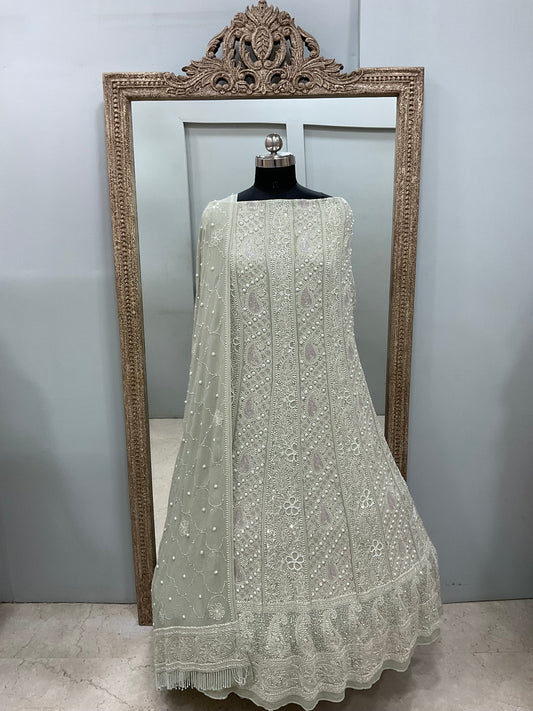 Pure Georgette Anarkali Heavy Pearl, Cutdana and Sequence Green
