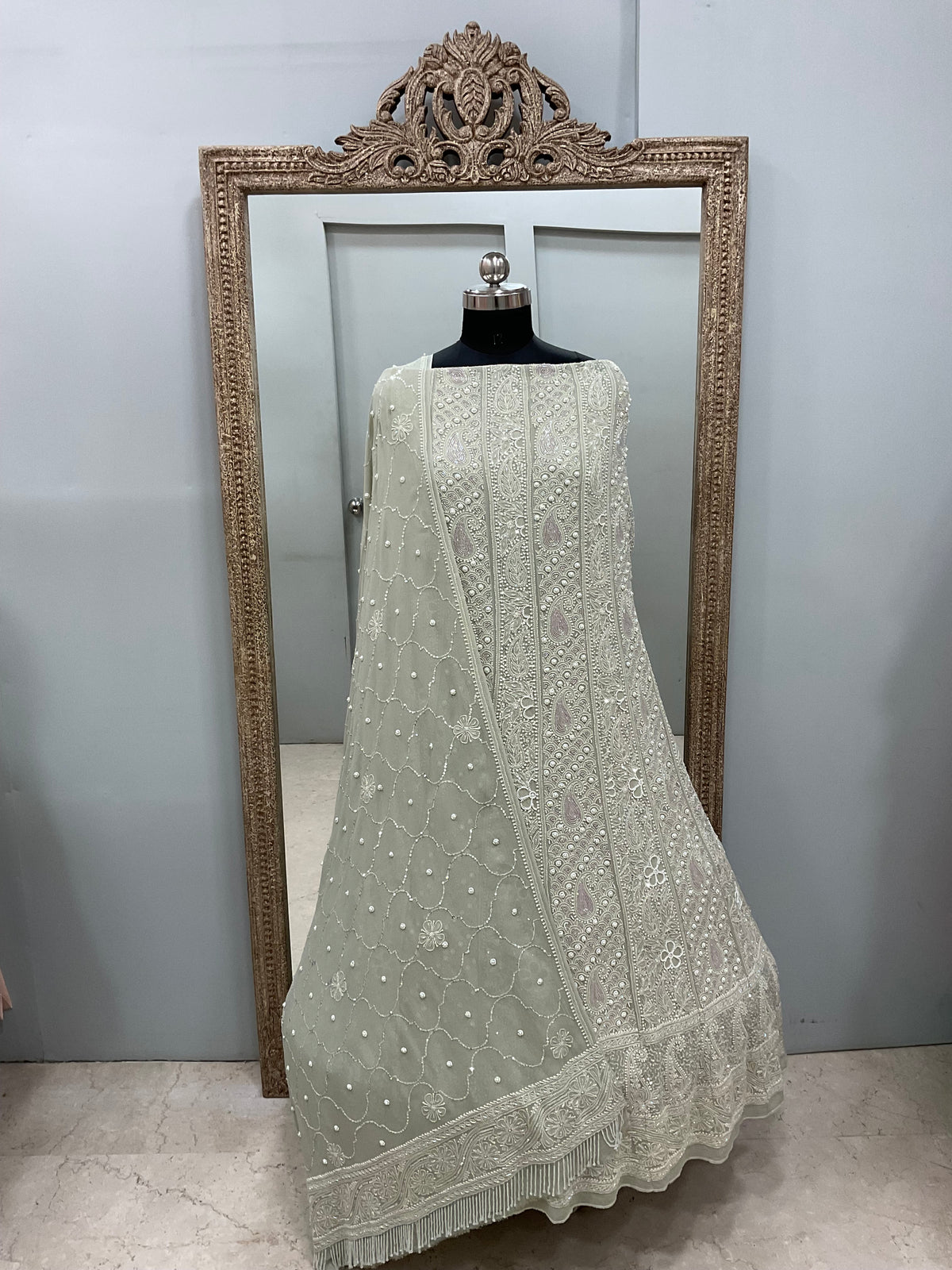 Pure Georgette Anarkali Heavy Pearl, Cutdana and Sequence Green