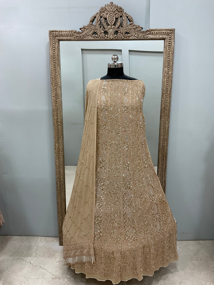 Pure Georgette Anarkali Heavy Pearl, Cutdana and Sequence Golden Beige