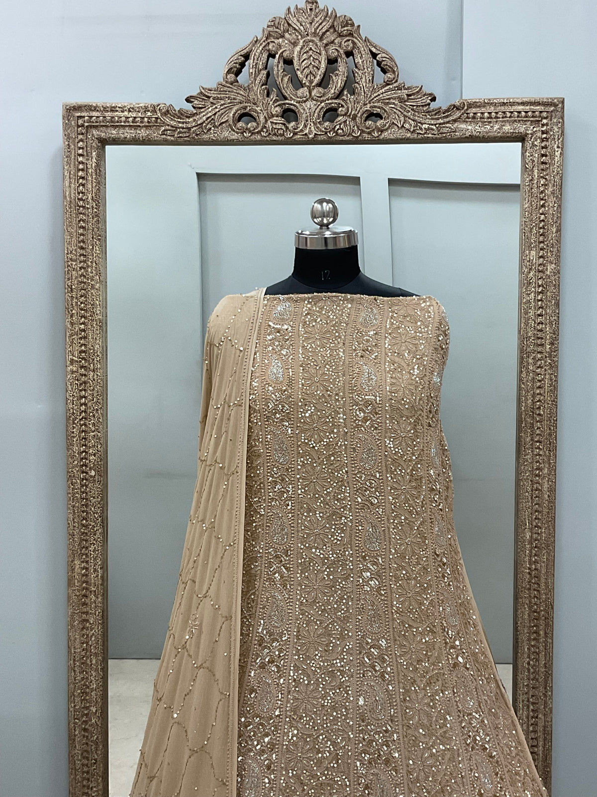 Pure Georgette Anarkali Heavy Pearl, Cutdana and Sequence Golden Beige