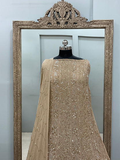 Pure Georgette Anarkali Heavy Pearl, Cutdana and Sequence Golden Beige