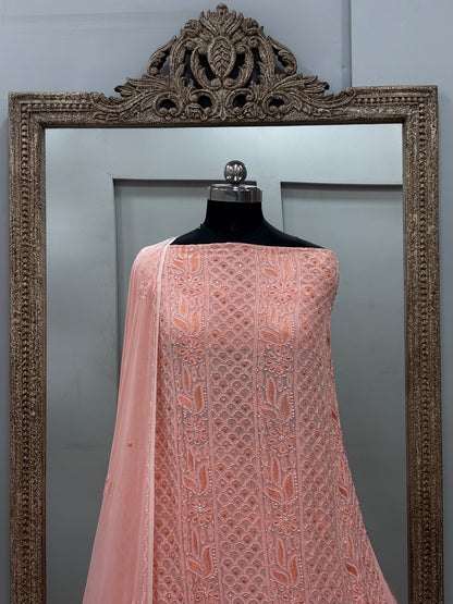 Georgette Straight Cutdana and Sequence Work Peach
