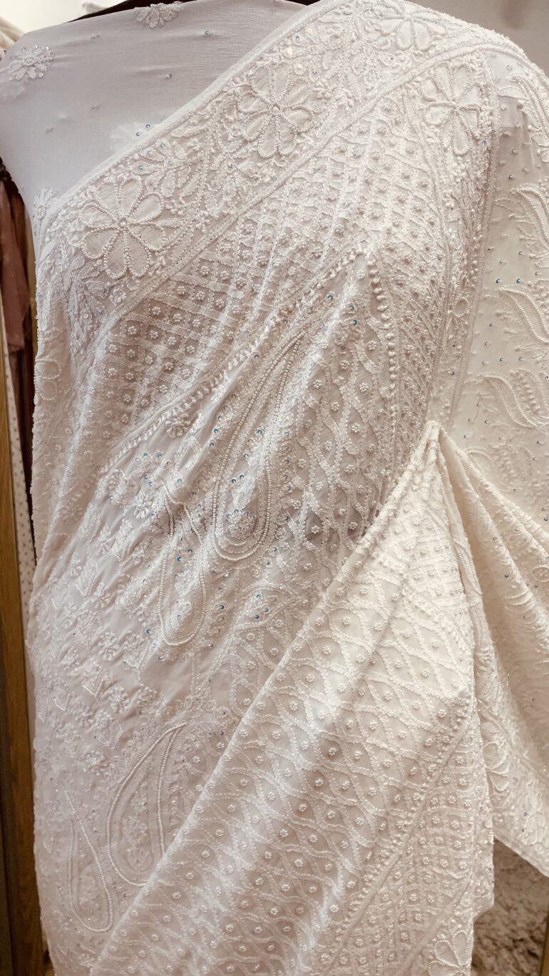 Pure Georgette Full half and half designer jaal Heavy Pearl