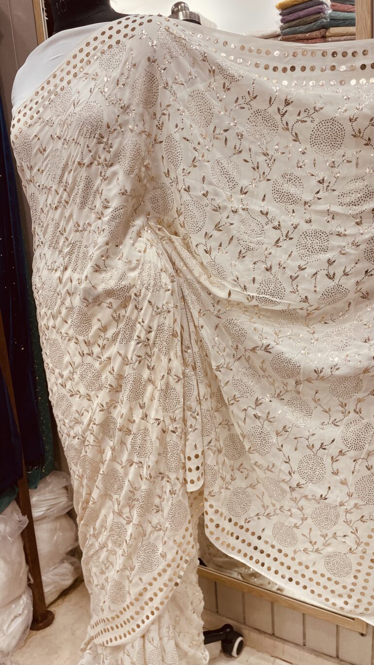 Pure Georgette Saree full jaal Mukaish Tikki and Badla Sunflower Motif