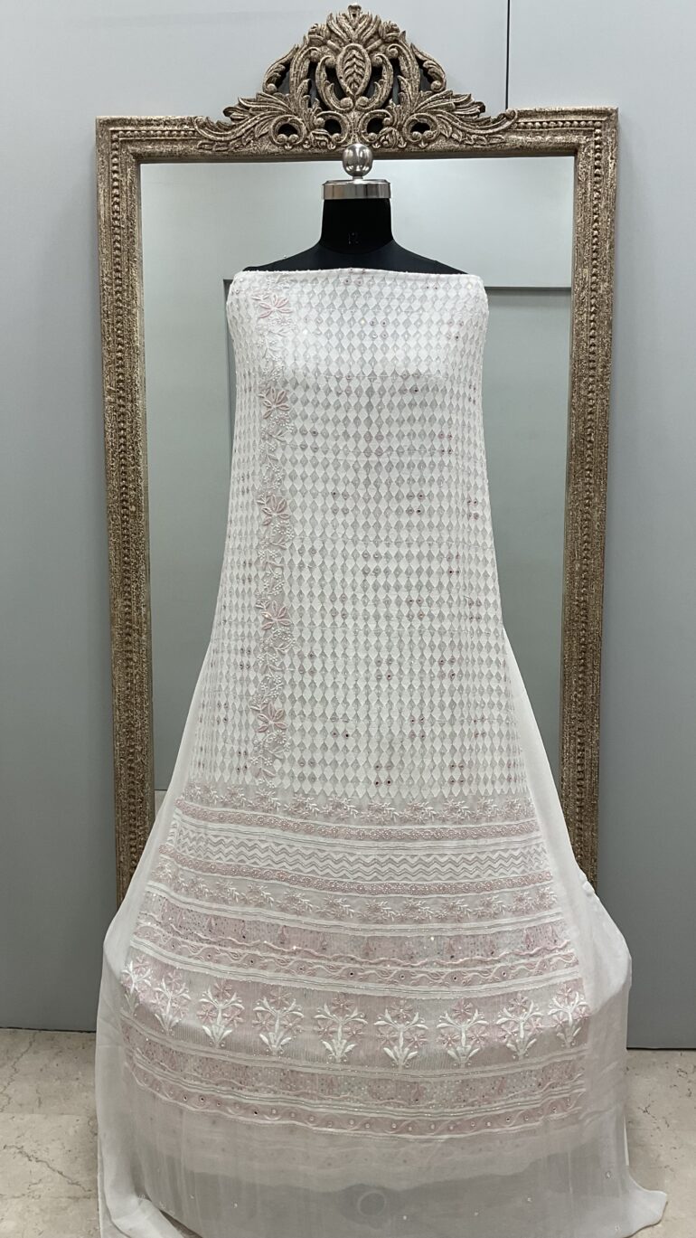 Do Taar Superfine Pure Georgette Heavy Front and Back Cutdana, Mirror and Pearl with Resham Off-White