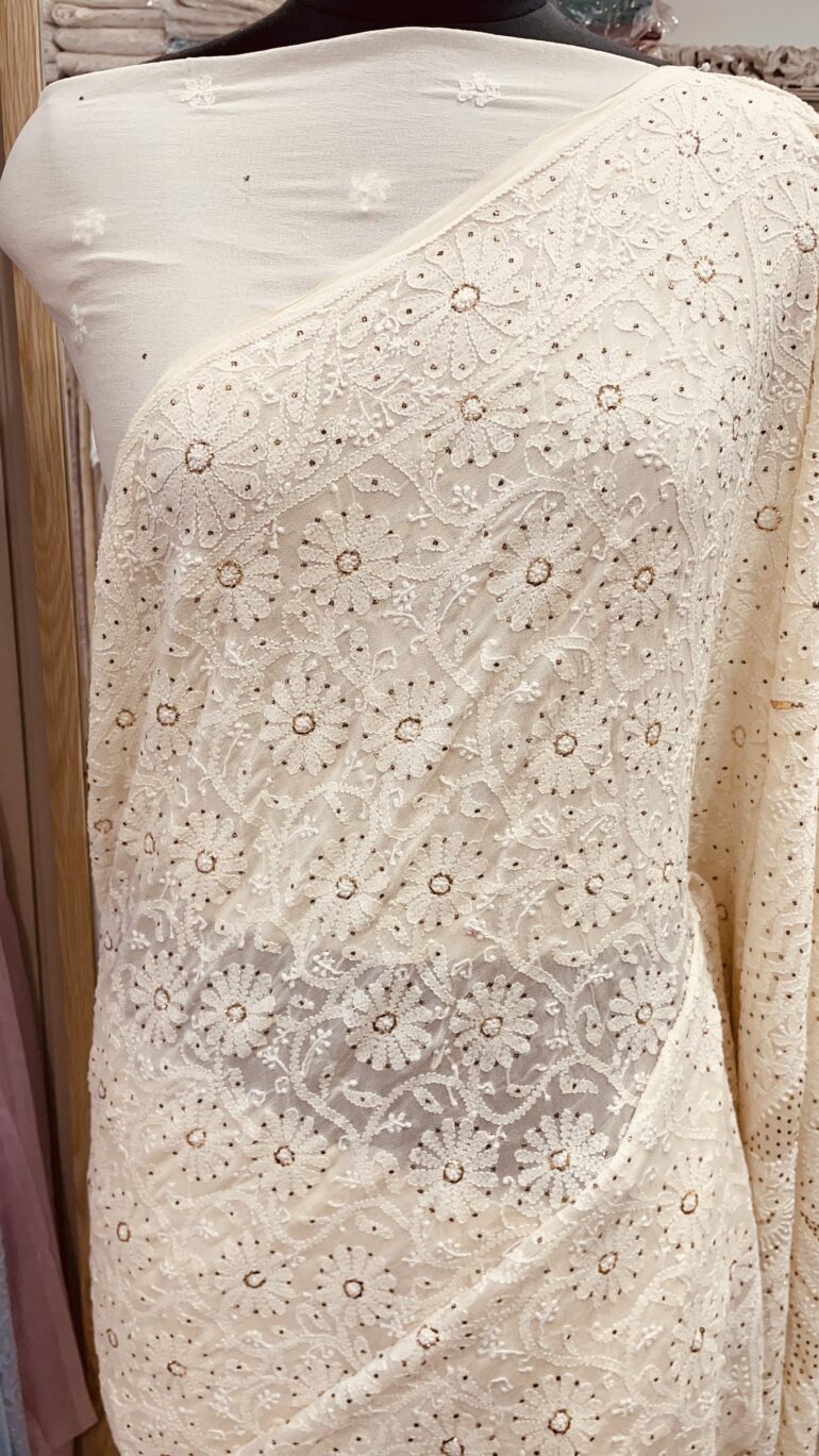 Pure Georgette Saree full jaal Chickan Mukaish Off White