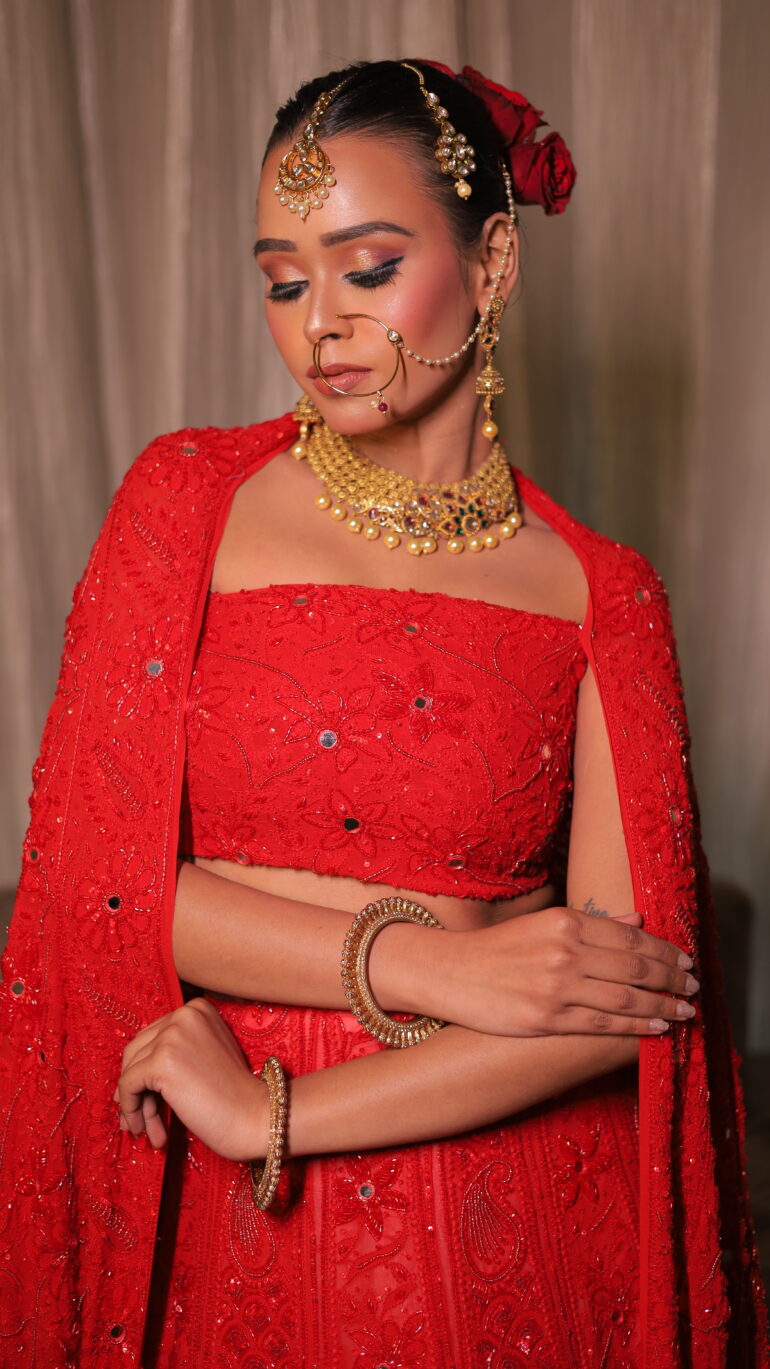 Pure Georgette Superfine Heavy Pearl, Cutdana and Heavy Sequence Blood Red