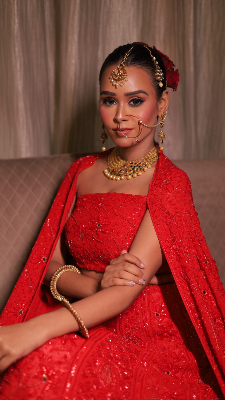 Pure Georgette Superfine Heavy Pearl, Cutdana and Heavy Sequence Blood Red