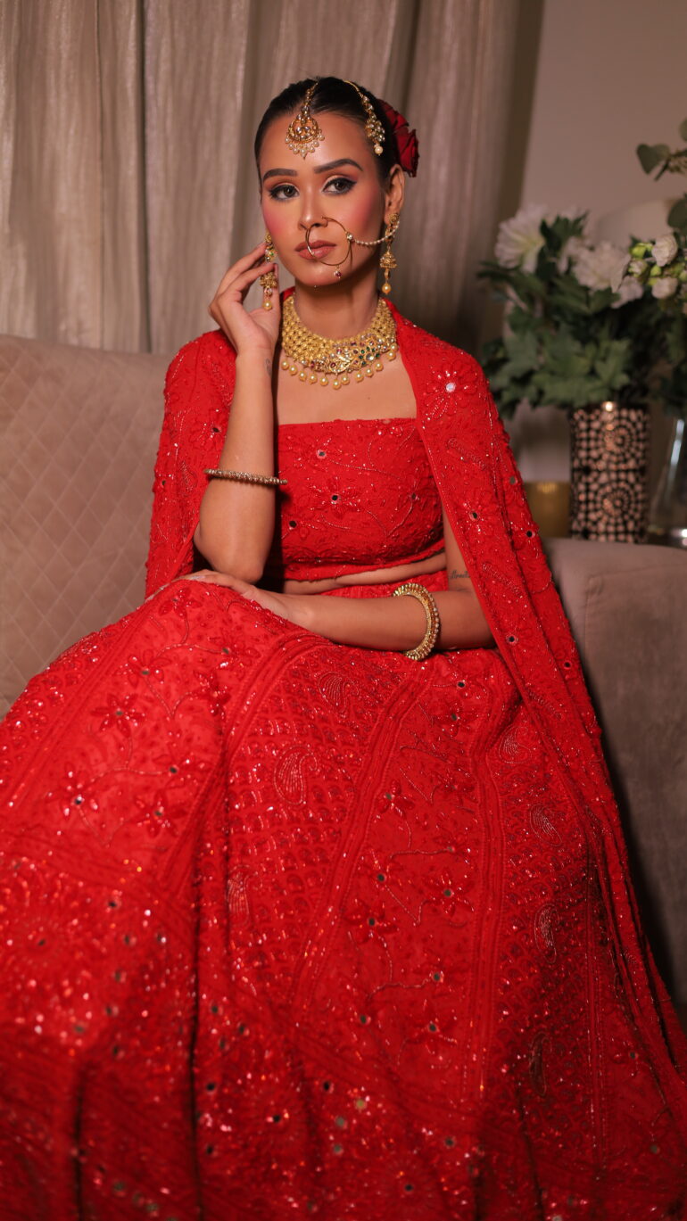 Pure Georgette Superfine Heavy Pearl, Cutdana and Heavy Sequence Blood Red