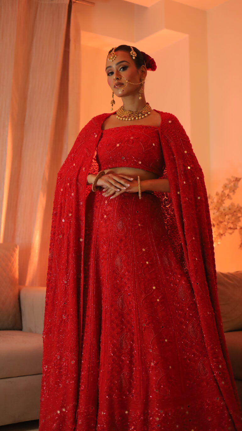 Pure Georgette Superfine Heavy Pearl, Cutdana and Heavy Sequence Blood Red