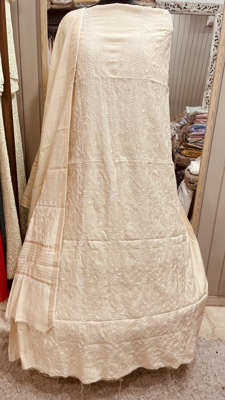 Pure Monga Silk Straight Front Jaal With Heavy Chikan Work Beige Golden 02