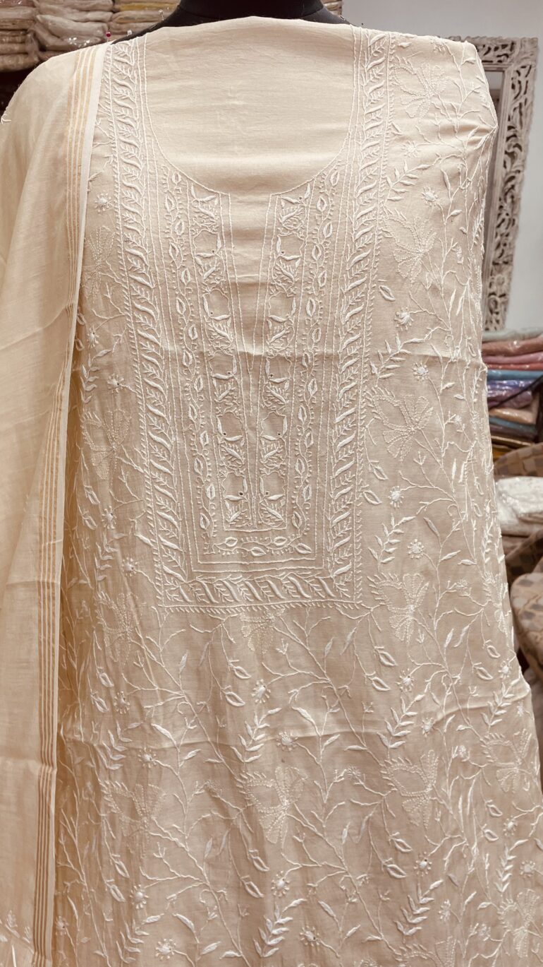 Pure Monga Silk Straight Front Jaal With Heavy Chikan Work Beige Golden 02