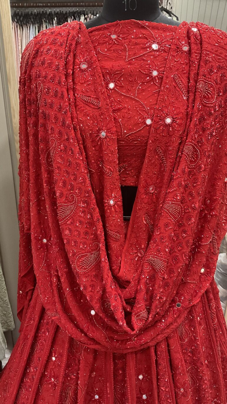 Pure Georgette Superfine Heavy Pearl, Cutdana and Heavy Sequence Blood Red