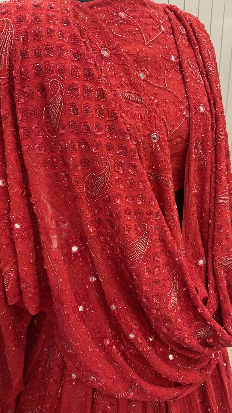 Pure Georgette Superfine Heavy Pearl, Cutdana and Heavy Sequence Blood Red