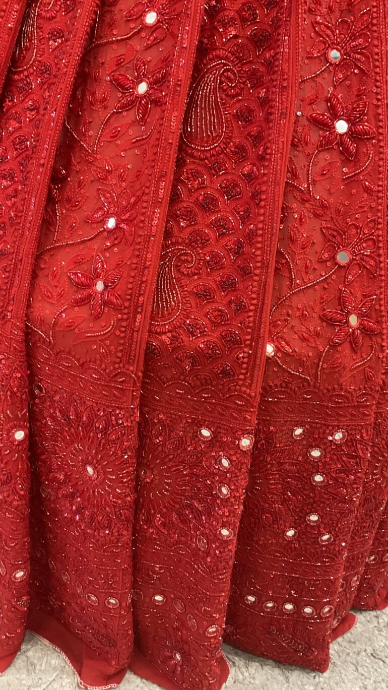 Pure Georgette Superfine Heavy Pearl, Cutdana and Heavy Sequence Blood Red