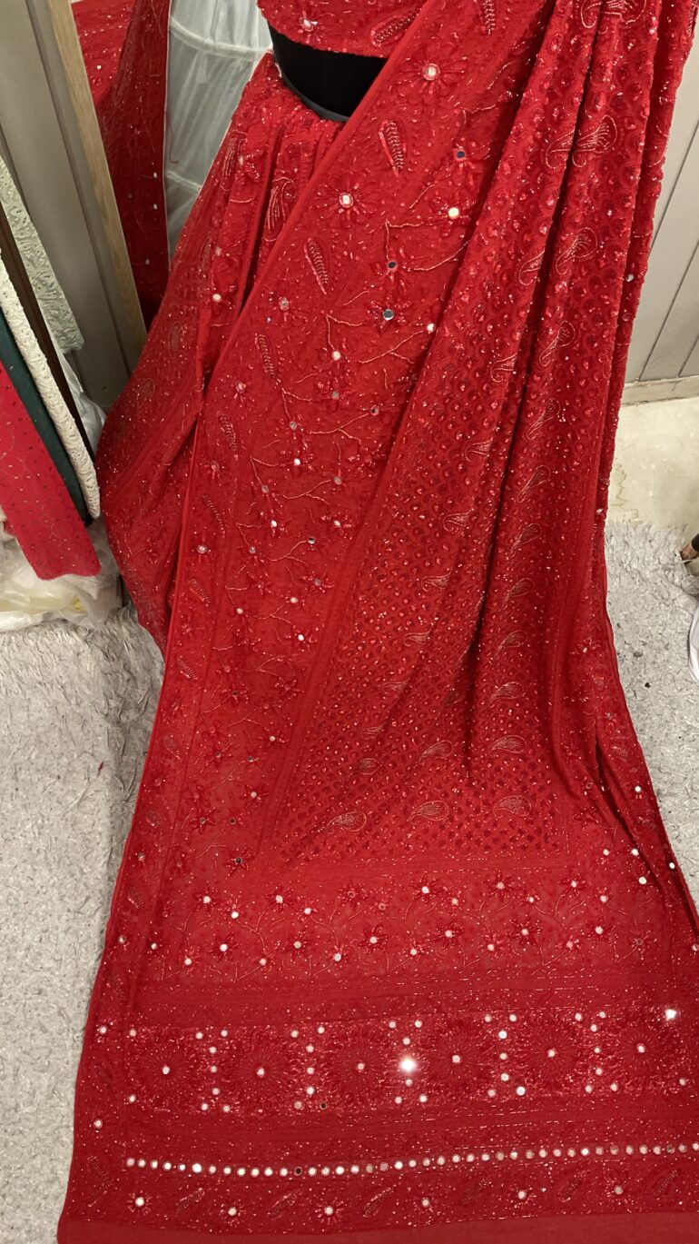 Pure Georgette Superfine Heavy Pearl, Cutdana and Heavy Sequence Blood Red