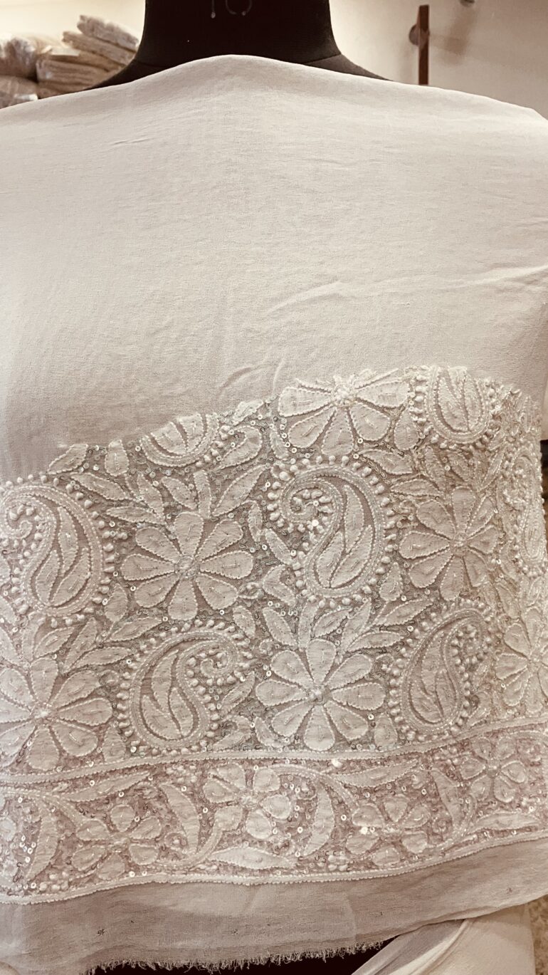 Pure Georgette Saree Superfine Work full jaal with Multicolored Heavy Cutdana and Sequence Off White