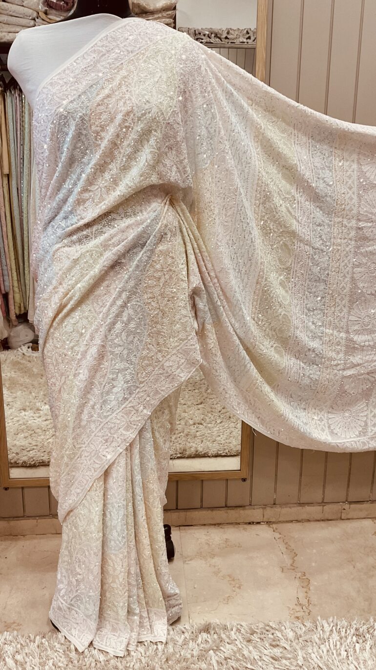Pure Georgette Saree Superfine Work full jaal with Multicolored Heavy Cutdana and Sequence Off White