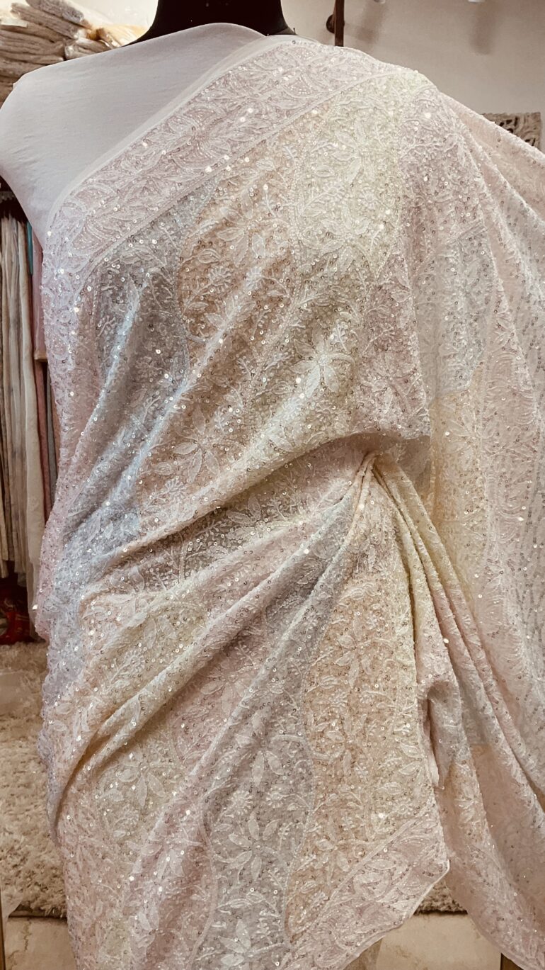 Pure Georgette Saree Superfine Work full jaal with Multicolored Heavy Cutdana and Sequence Off White