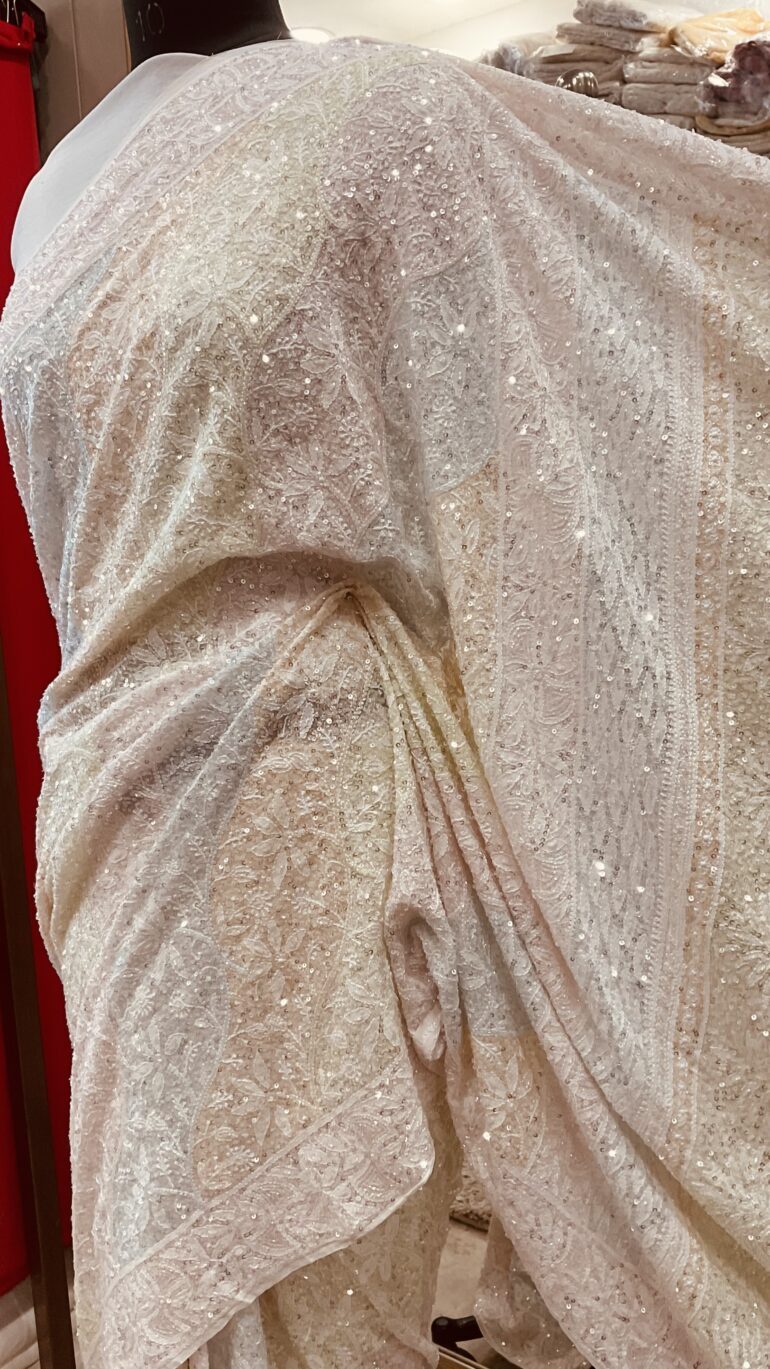 Pure Georgette Saree Superfine Work full jaal with Multicolored Heavy Cutdana and Sequence Off White