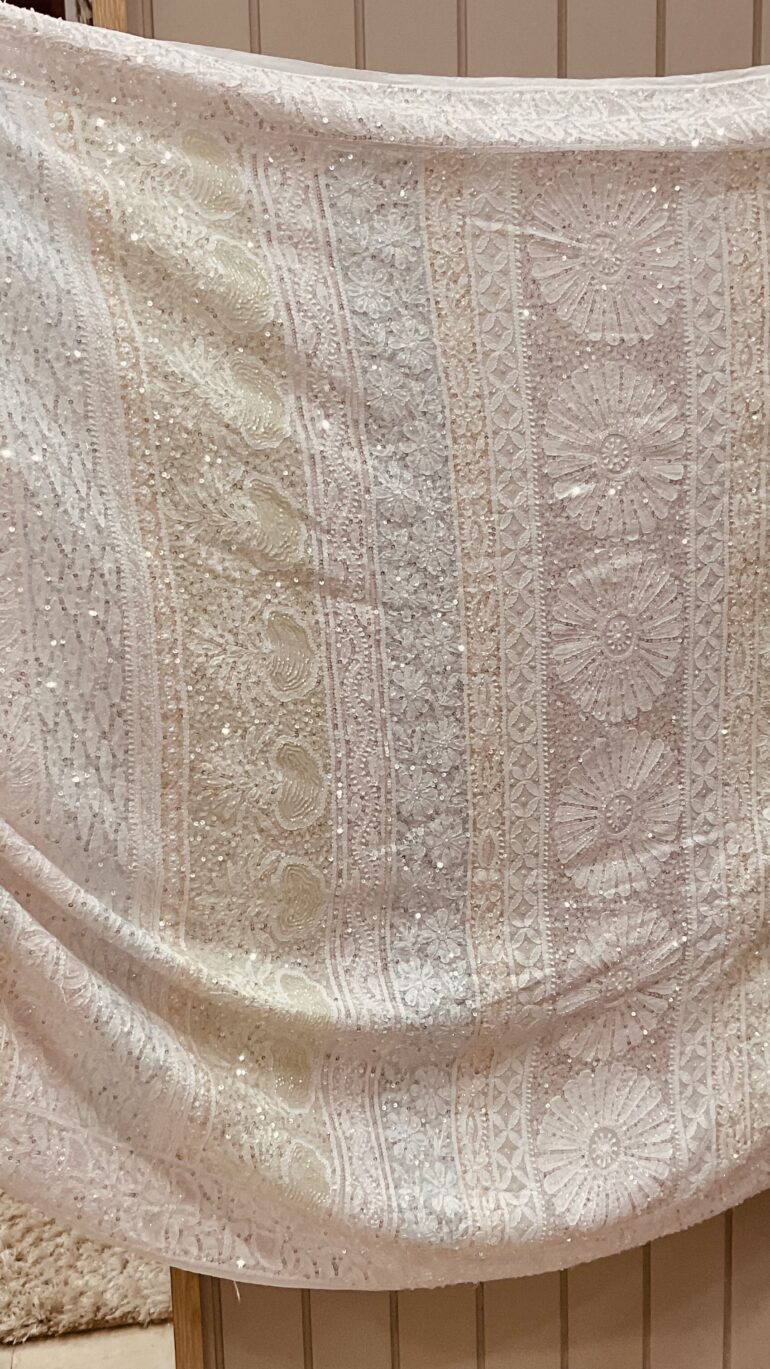 Pure Georgette Saree Superfine Work full jaal with Multicolored Heavy Cutdana and Sequence Off White