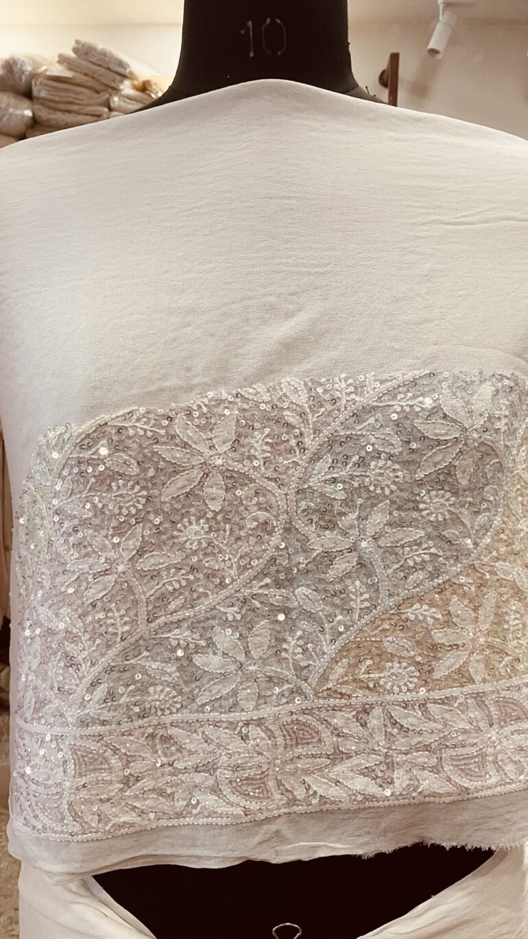 Pure Georgette Saree Superfine Work full jaal with Multicolored Heavy Cutdana and Sequence Off White