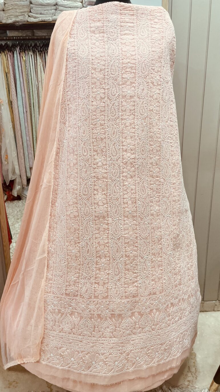 Pure Cotton Voil Jaal Straight Shirt Dupatta and Bottom Peach