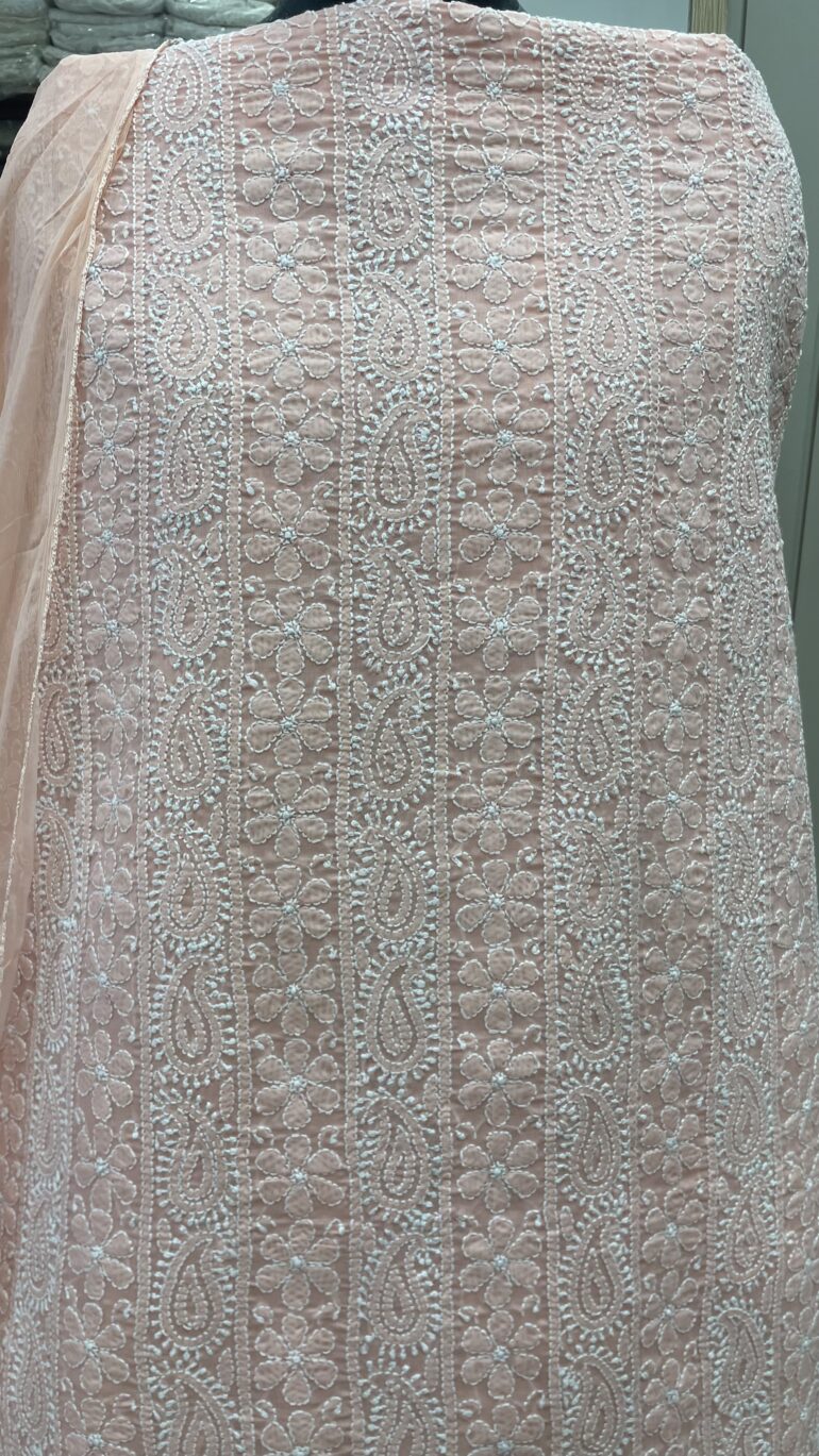 Pure Cotton Voil Jaal Straight Shirt Dupatta and Bottom Peach