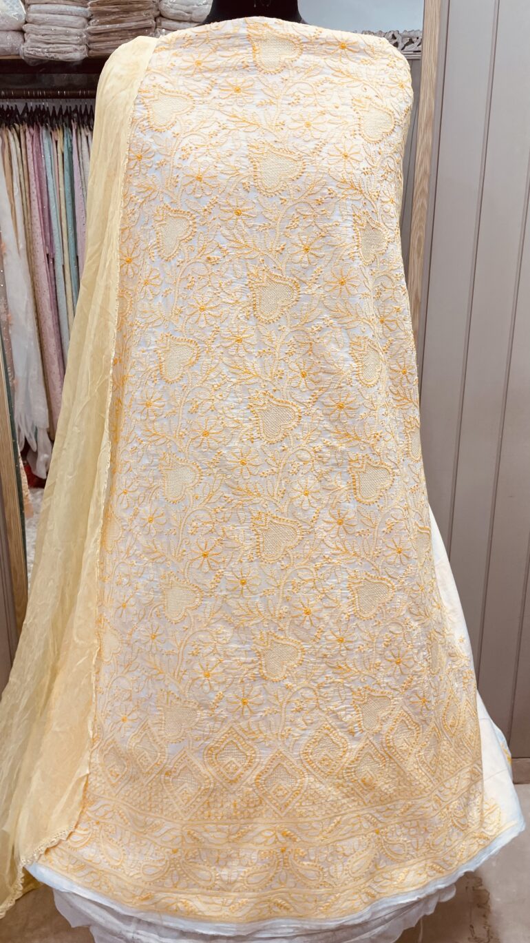 Pure Mul Cotton Straight Jaal with Dupatta Off White Base,Yellow