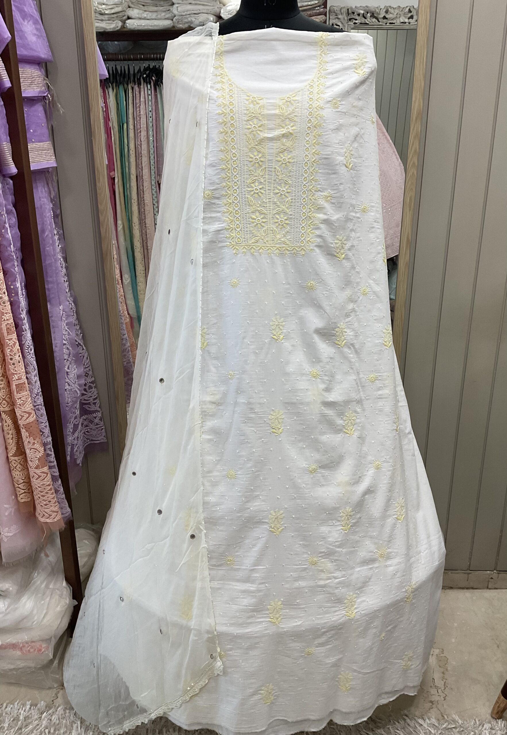 Pure Cotton Voil Jaal Straight Shirt Base Off White, Yellow