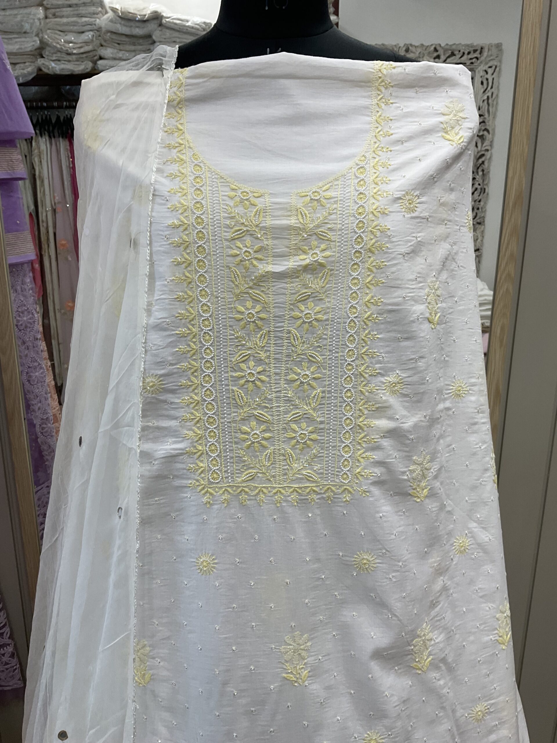 Pure Cotton Voil Jaal Straight Shirt Base Off White, Yellow