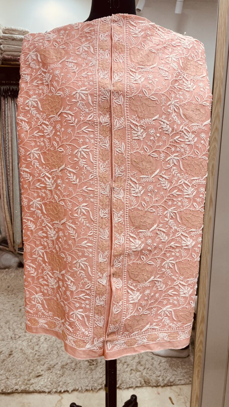 Gents Nehru Jacket Pure Chanderi Front Jaal Peach