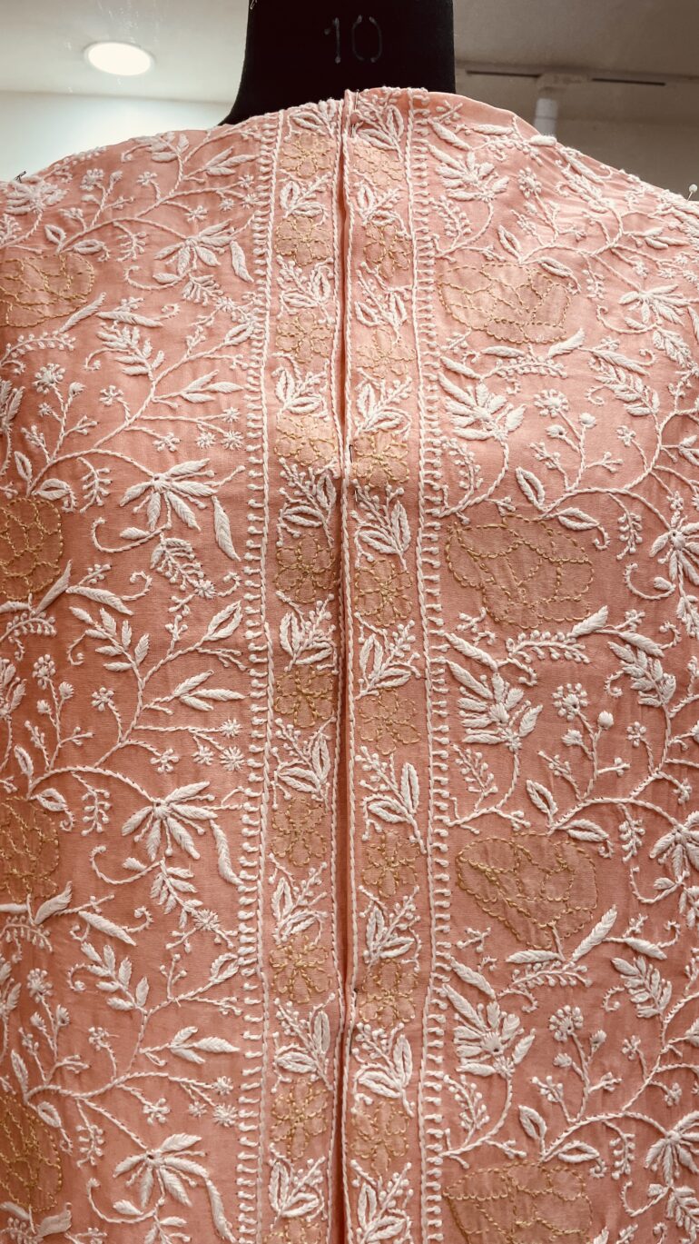 Gents Nehru Jacket Pure Chanderi Front Jaal Peach