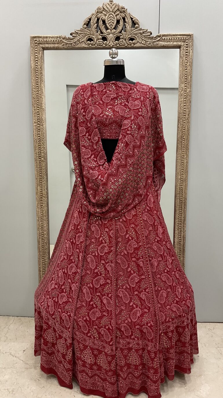 Pure Georgette Lehenga With Heavy Ring Mukaish Work Maroon