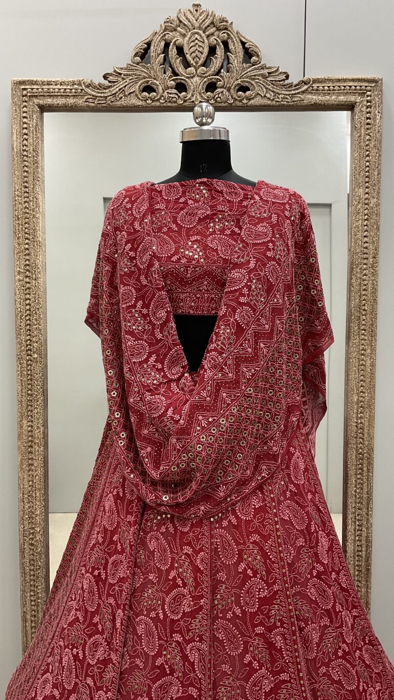 Pure Georgette Lehenga With Heavy Ring Mukaish Work Maroon