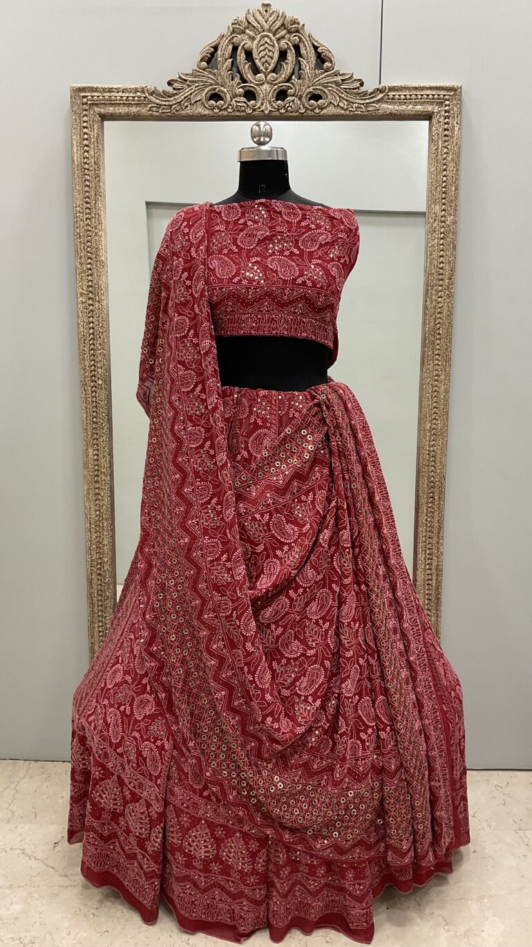 Pure Georgette Lehenga With Heavy Ring Mukaish Work Maroon