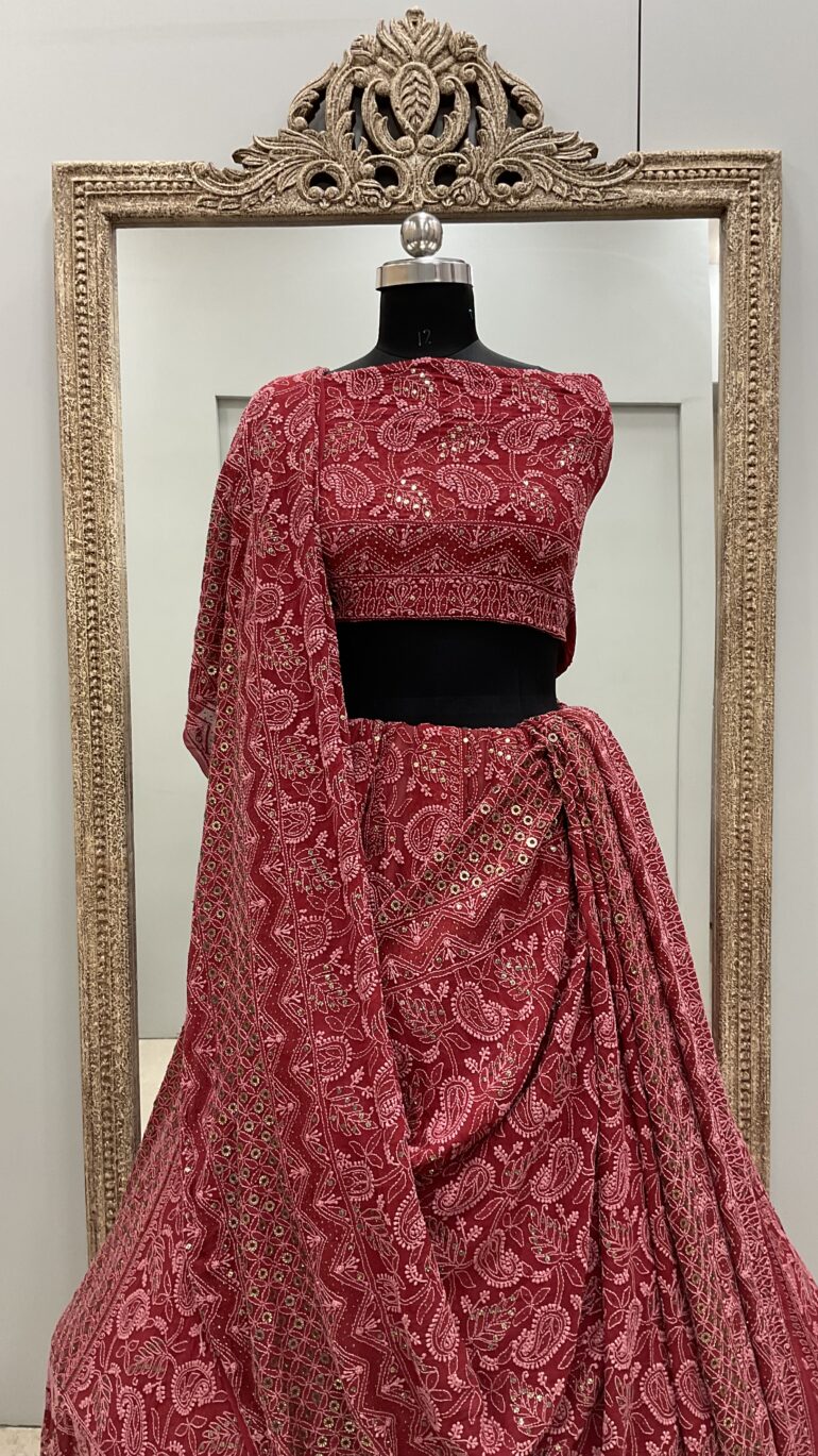 Pure Georgette Lehenga With Heavy Ring Mukaish Work Maroon
